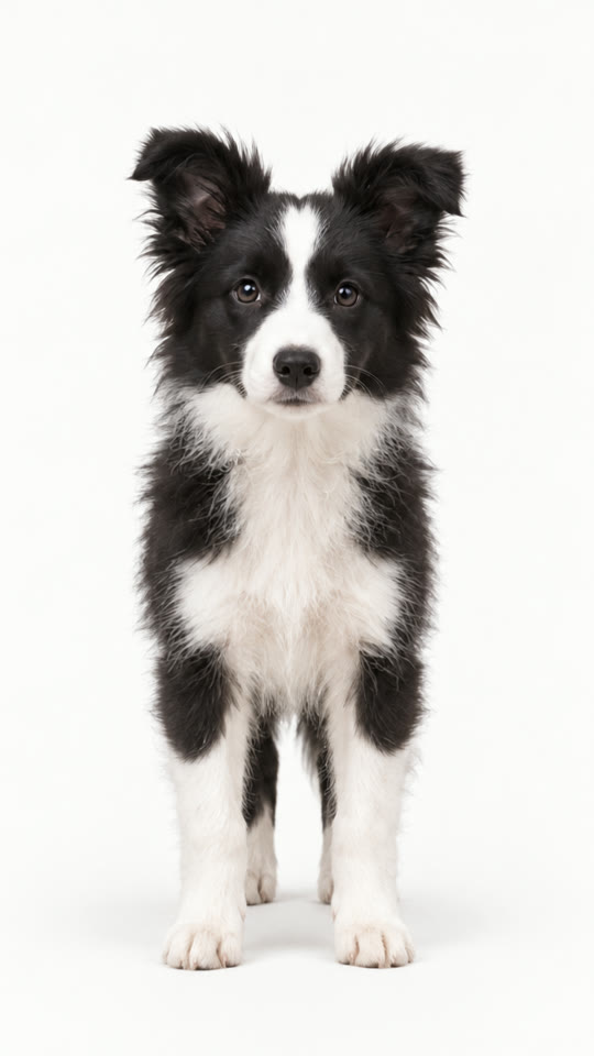 A border collie puppy standing in front of a white background